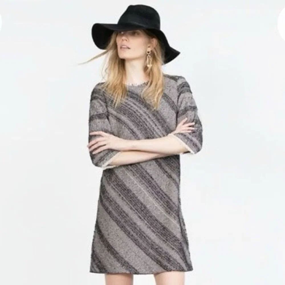 ZARA Basic Gray Textured Cotton Blend Dress, Made in Spain (Size S)